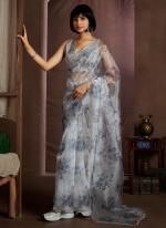 Organza Grey Festival Wear Hand Work Saree